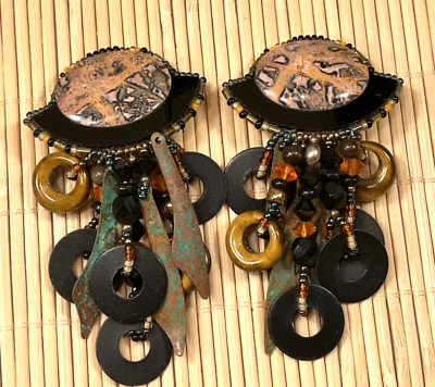 Fashion Earrings Leopard Jasper Tiger's Eye Verdi Brass Cluster Clip On LOT 95F - Image 1 of 4