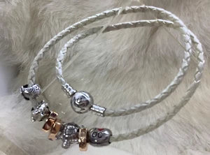 PANDORA 16" White Leather Necklace +7 Sterling Silver CHARMS .925 ALE Retired - Picture 1 of 9