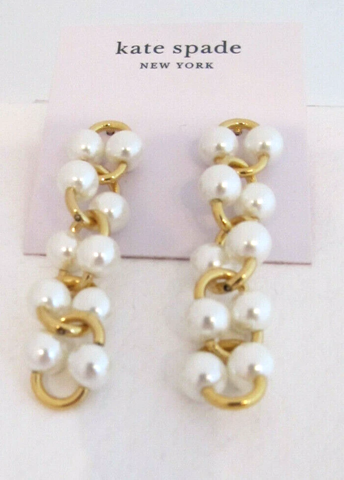 Kate Spade Gold Tone Faux Nouveau Pearl Link Linear Drop Earrings K1d