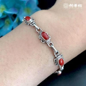 Nepal Tibetan Silver Handmade Bracelet Natural Inlaid Tibetan Retro Jewelry - Picture 1 of 5