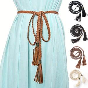 Womens Belt Tassle Thin Braided Style Waist Ladies Rope Dress Woven Self Tie UK. - Picture 1 of 12