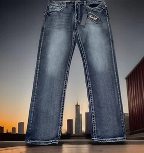 True Luck Jeans Men's 36 X32 Bootcut Classic Stretch Thick Stitch Dark Blast NWT - Picture 1 of 20
