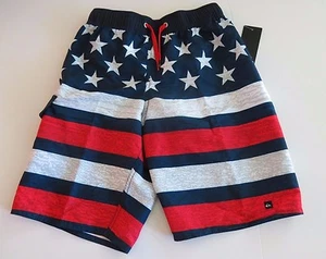  Quiksilver Big Boys L Board Swim Trunks Shorts Mesh Lined Red White Blue Flag - Picture 1 of 2