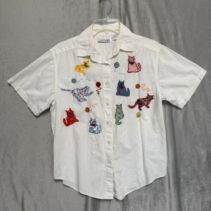 Casey & Max Shirt Damen Medium Weiß Kurzarm Knopfleiste Katzenapplikation - Bild 1 von 8