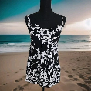 Lands' End Tankini Top Women 8 Swim Black White Floral Padded Tropical Aloha - Picture 1 of 9
