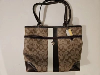 Bolso de Mano Coach Signature Heritage Forro Marrón Amarillo a Rayas Foto 1 de 4