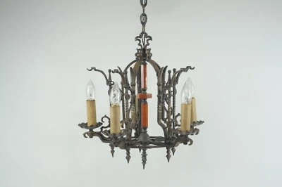 Antique / Vintage Art Deco Gothic Polychrome? Bakelite? Chandelier Light Fixture - Image 1 of 4