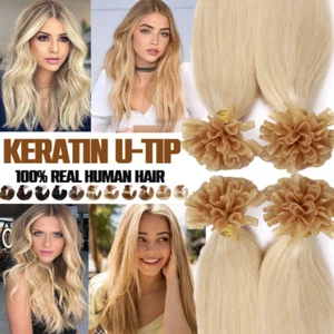 100% Real Remy Hair Keratin Nail U Tip Glue Human Hair Extensions Pre Bonded US - Picture 1 of 26