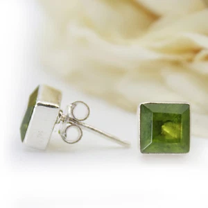 Peridot Ohrstecker Echt Silber 925 Quadrat Ohrringe Cutstone Eckig Grün QS - Bild 1 von 3