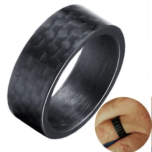 Black Carbon Fiber Men Rings Fashion Wood Wedding Bands Ring for Mens Women - Picture 1 of 34