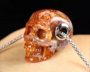 0.8" Red Crazy Lace Agate Carved Crystal Skull Pendant With 925 Sterling Silver, - Picture 1 of 7
