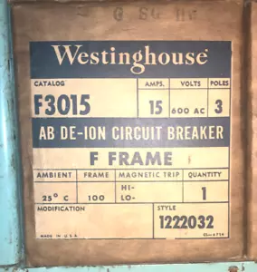 INTERRUPTOR DE CIRCUITO AB DE-ION GARANTIZADO TOTALMENTE NUEVO EN CAJA WESTINGHOUSE CAT# F3015 AB - Imagen 1 de 1