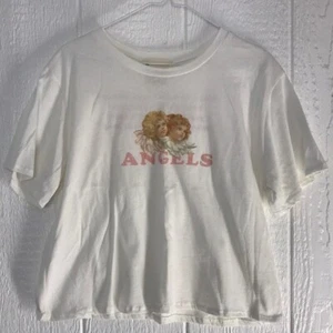 French Pastry Whispering Angels Cream Cropped Short Sleeve Back Wording Size L - Picture 1 of 4