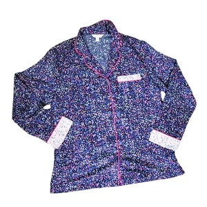 Charter Club marineblau Blumenmuster Knopfleiste Langarm Satin Pyjama Oberteil Akzent Manschette Sm - Bild 1 von 8