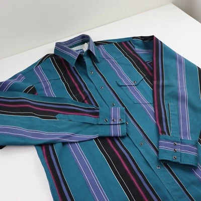 Vtg Wrangler Brushpopper Pearl Snap Western Shirt Men’s L 16 Teal USA 90s Stripe - Image 1 of 4