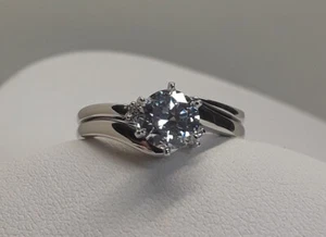 14KT White Gold Bridal Set, Size 7, Features 2 Diamonds & CZ Main stone. - Picture 1 of 18