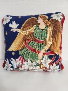Angel w/Doves Needlepoint Pillow 13"x13" Flowers Lily Stars Red Velvet Christmas - Picture 1 of 6