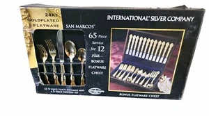 VTG New 65 Piece San Marcos Service International Co. 24KT Gold Plated Flatware - Picture 1 of 7