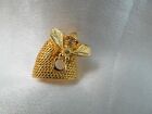 VTG GOLD PLATED with GOLD RHINESTONES DIMENSIONAL BEE & BEEHIVE PIN, Detailed