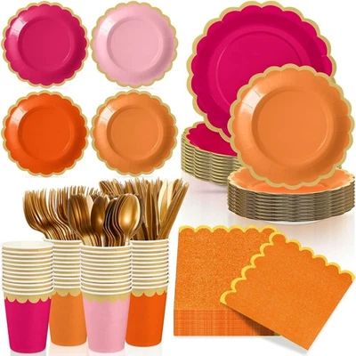 169 peças pratos e guardanapos rosa e laranja suprimentos para festa para convidados rosa quente... - Imagem 1 de 4