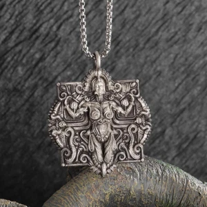 Guardian Goddess Medallion Necklace Jewelry Gothic Vintage Silvery Pendant - Picture 1 of 7