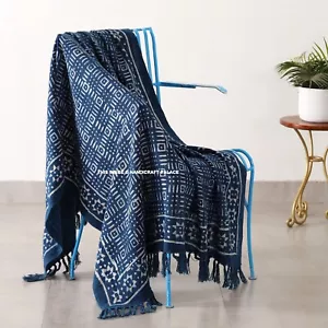 Indian Mudcloth Throw Sofa Decor Indigo Blue Blanket Boho Hand block Print Throw - Picture 1 of 4