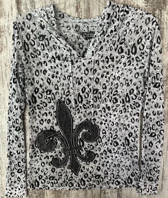 ROCK & ROLL COWGIRL Women's Size XL Sequined Fleur Di Lis Burnout Hooded Top - Image 1 of 4