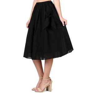 Evanese Women's Cotton Knee Length A Line Skirt with Front Pockets with Ribbon - Picture 1 of 12