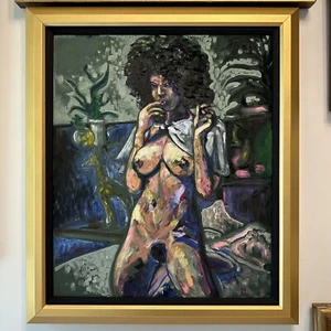 🔥FREDERIC Pintura Desnuda Encantadora Mujer Negro Pelo Afro TERCIOPELO VERDE Retro De Colección🔥 - Imagen 1 de 11