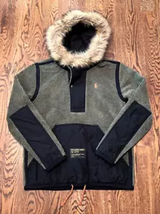 Polo Ralph Lauren Hybrid Pullover Herren S Grün Hochflor Kunstfell Kapuze WB Jacke - Bild 1 von 4