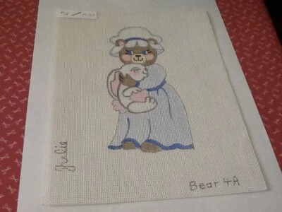 Handpainted Girl Bear in Blue Nightgown & Hat With Bunny Rabbit Needlepoint  N22 - Image 1 of 4