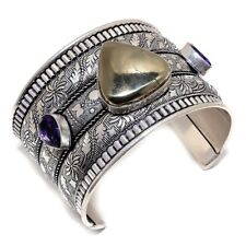 Apache Pyrite, Amethyst Gemstone 925 Sterling Silver Cuff Bracelet Adjustable