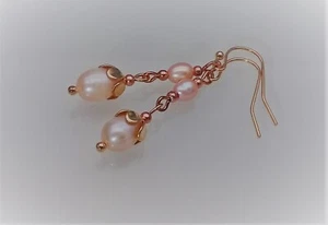 Freshwater Cultured Pearl Rose Gold Earrings Rose Peach - Picture 1 of 4