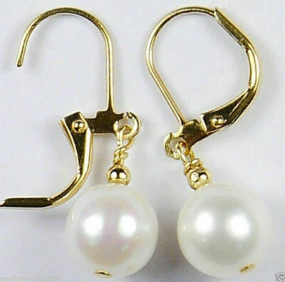 Perfect AAA+ 8-9mm Round South Sea White Pearl Lever Back Earrings 14k Gold P - Image 1 of 4