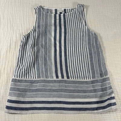 Camiseta sin mangas Jill Love de lino para mujer mediana azul blanco a rayas neutra costera Foto 1 de 4