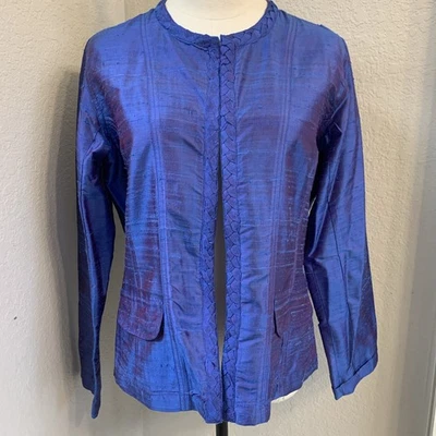 Chaqueta Abierta Cuello Trenzado Azul Púrpura Iridiscente Seda Cruda De Colección Chico’s Talla 1 (8) Foto 1 de 4