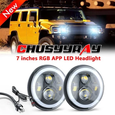 For Hummer H2 2003-2009 Pair DOT 7 INCH Round LED Headlights RGB High Low Beam - Image 1 of 4