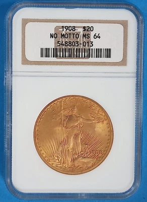 1908 $20 Saint-Gaudens Double Eagle No Motto NGC MS64 .900 Gold Coin - Image 1 of 2