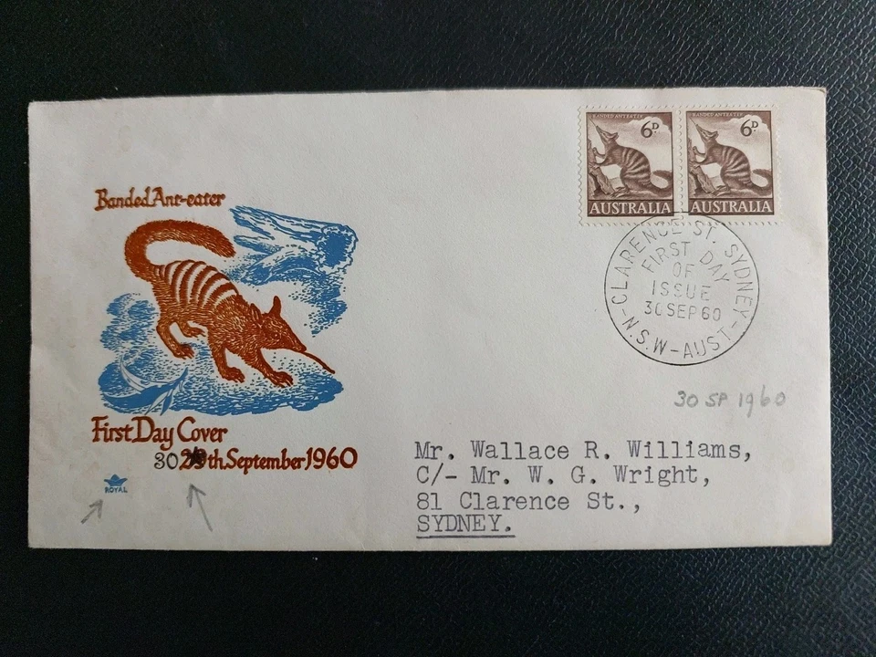 1960 Aust Native 6d Brown Anteater FDC, Royal Blue, overtyped date (A13) - image 1 of 1