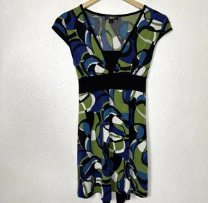 Y2K BCX Babydoll Top Women’s Large Green Blue Groovy Tunic Cap Sleeve Tie Waist - Picture 1 of 12