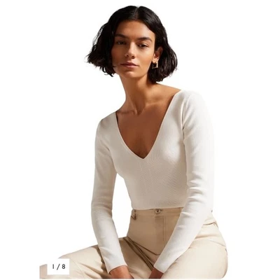 Suéter Ted Baker Mujer 2 Marfil Cileste Cuello en V Manga Larga Tejido Top Preppy Foto 1 de 4