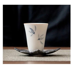 VINTAGE CERAMIC BUTTERFLY ORCHID PATTERN TEA CUP CEREMONY CUPS SET OF 2 - Picture 1 of 10