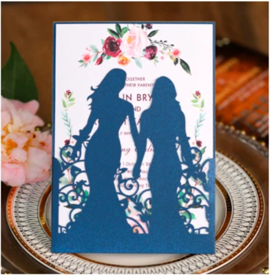 Tarjetas de invitación de fiesta de boda para parejas de lesbianas cortadas con láser de 10 piezas  Foto 1 de 4