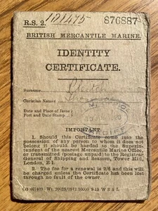 BRITISH MERCANTILE MARINE IDENTITY CERTIFICATE 1920 CARDIFF STAMP THOMAS PLEITCH - Picture 1 of 5