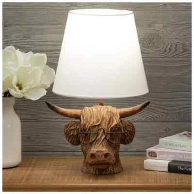 ¡Nuevo! ¡Lámpara de vaca Highland con gafas! ¡Luz de mesa de campo rústica decoración! Foto 1 de 4