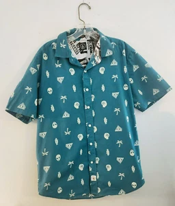VOLCOM shirt M short sleeve button down Hawaiian teal beach eye pyramid alien - Picture 1 of 10