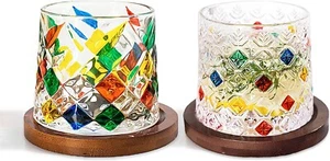 Set of 2 Hand Painted Stemless old fashioned wine Glasses with unique coaster - Picture 1 of 7