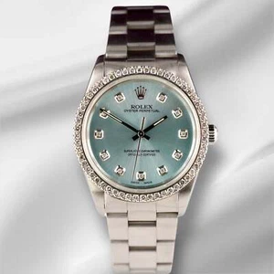 Rolex 34mm Oyster Perpetual 1ct Prong Ice Blue Diamond Dial Stahl Uhr 14010 - Bild 1 von 11
