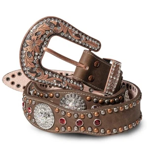Cintura western in pelle stile western country stelle e righe "STONE-7" marrone - Foto 1 di 2