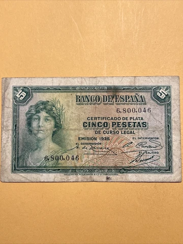 Spain Five Peseta Circulated Silver Certificate - P#85 - 1935 -Without Prefix Cover